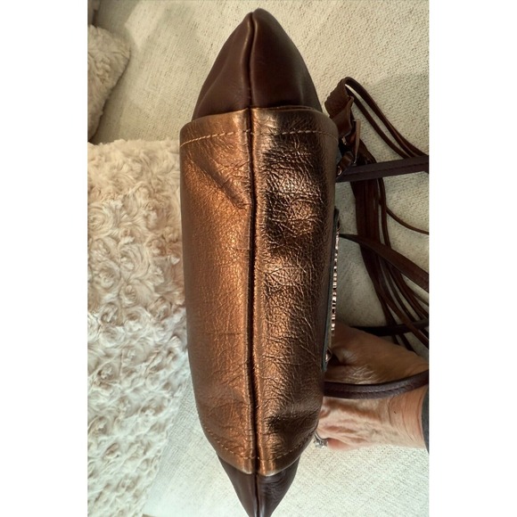 B Makowski Metallic Bronze Brown Pebbled Leather Tassel Crossbody Purse - Picture 8 of 13